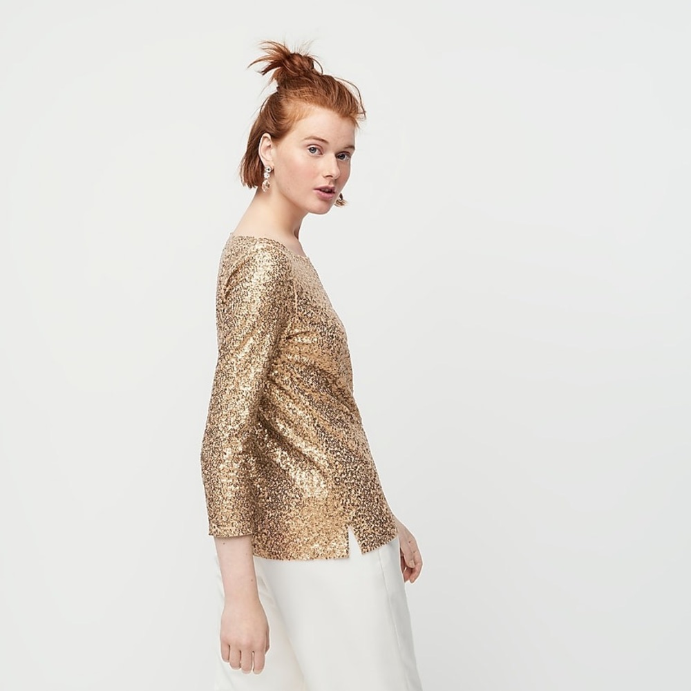J. Crew Gold Sequined 3/4 Sleeve Shimmer Party Top - Picture 3 of 8